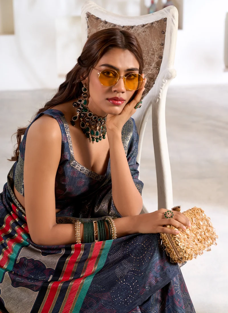 Front view Blue Foil Print Soft Dola Silk 0006 for women