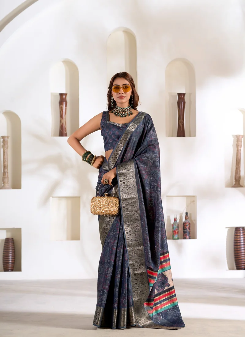 Back design Blue Foil Print Soft Dola Silk 0006 for women