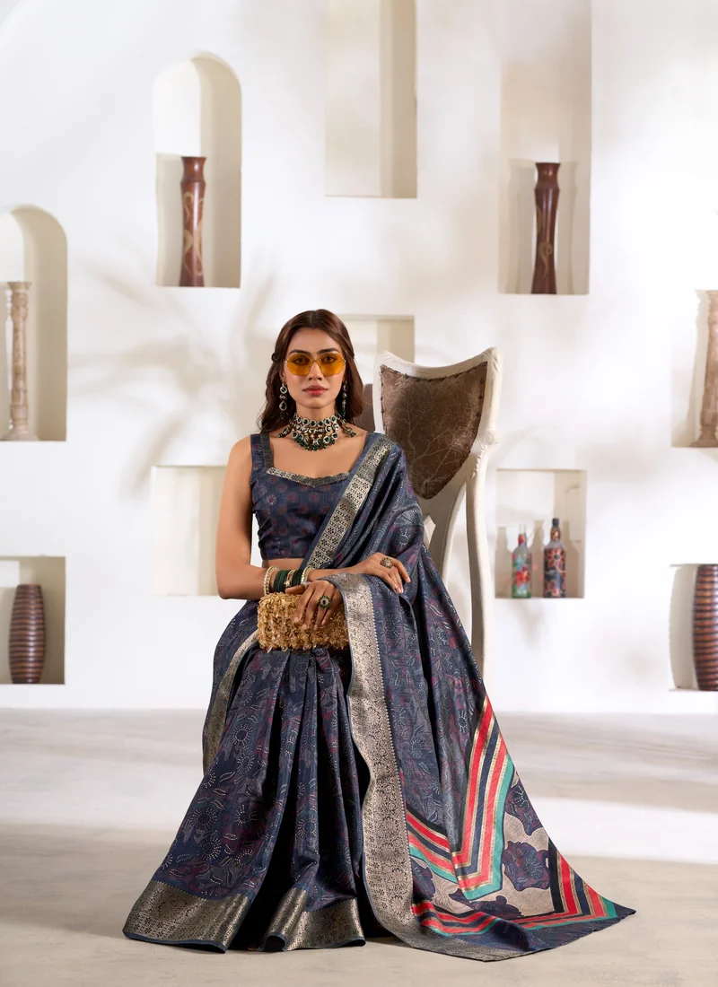 Detail view Blue Foil Print Soft Dola Silk 0006 for women