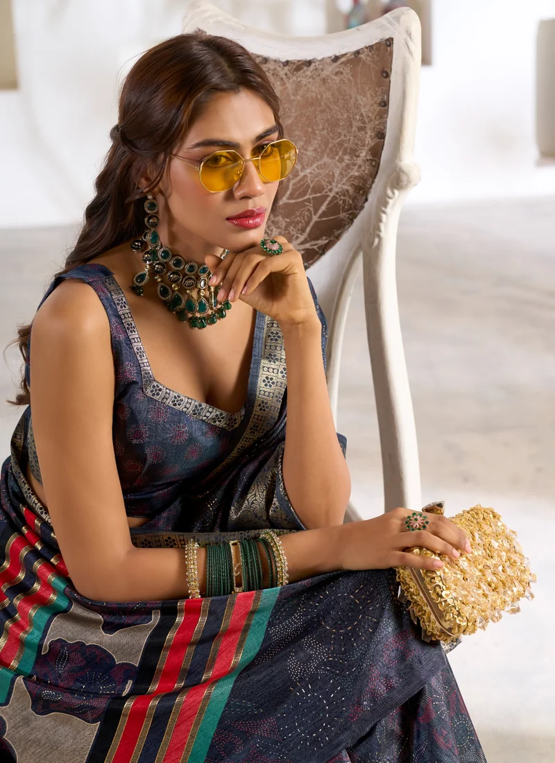 Close-up work Blue Foil Print Soft Dola Silk 0006 for women