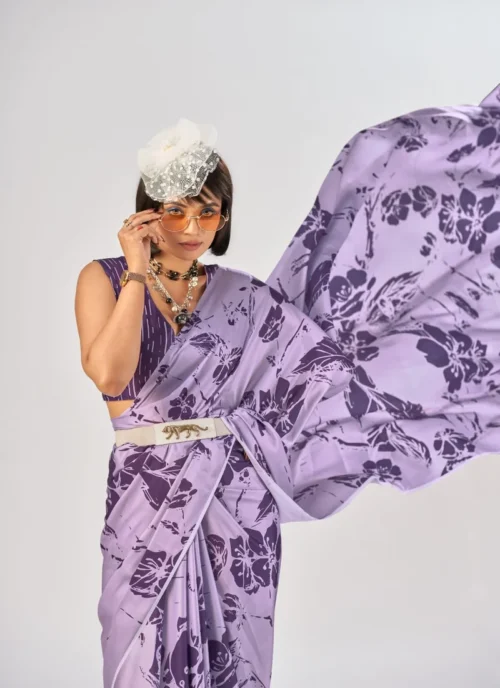 Front view Purple Printed Satin Silk 0007 for women