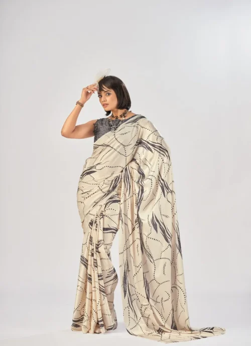 Front view Beige Printed Satin Silk 0008 for women