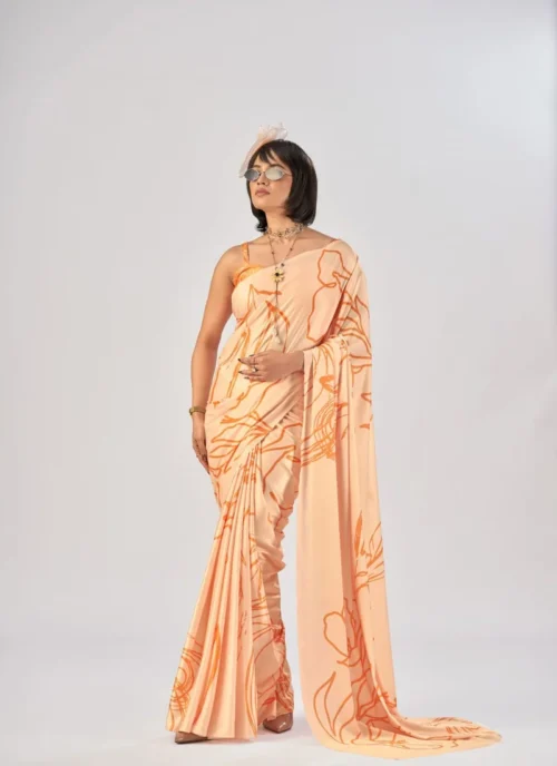 Front view Orange Printed Satin Silk 0009 for women