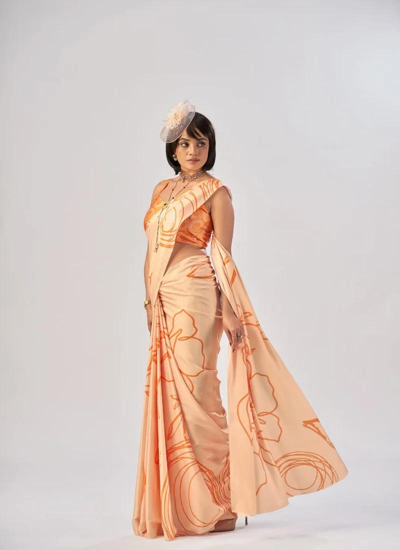 Detail view Orange Printed Satin Silk 0009 for women