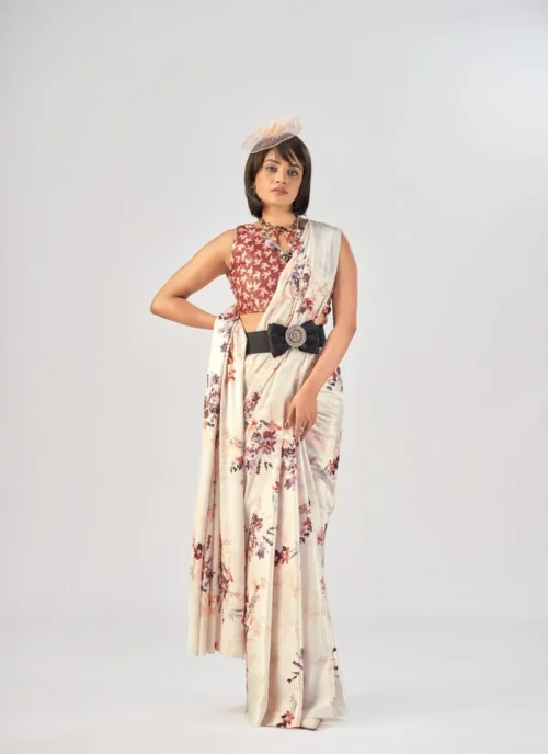 Front view Cream Printed Satin Silk 0010 for women