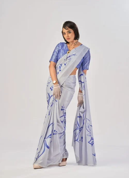 Front view Blue Printed Satin Silk 0011 for women
