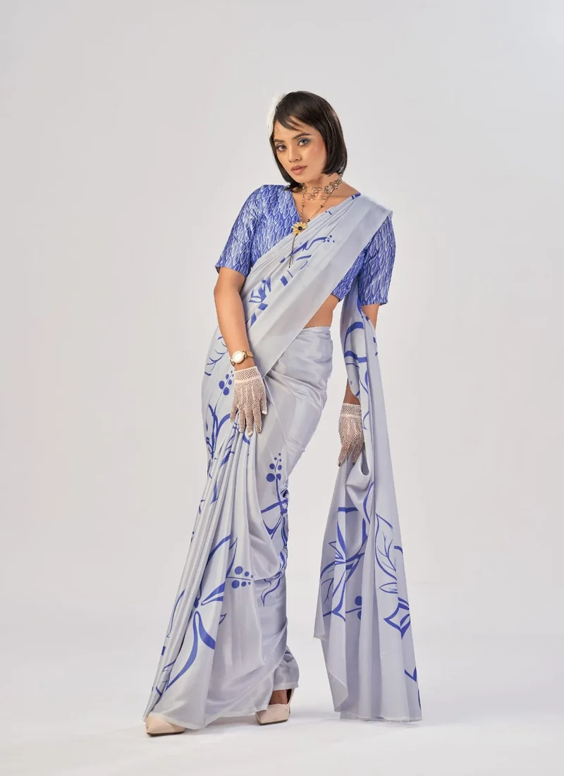 Front view Blue Printed Satin Silk 0011 for women