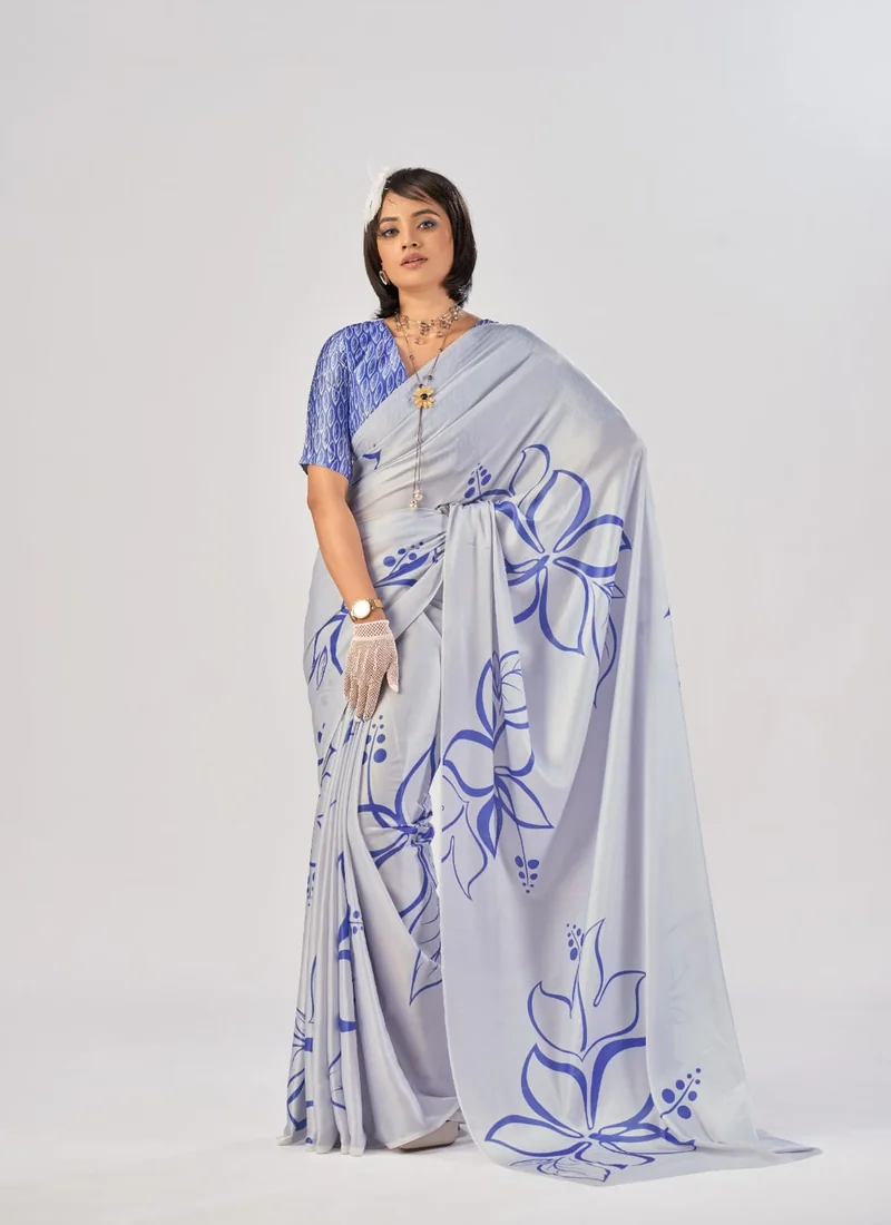 Back design Blue Printed Satin Silk 0011 for women