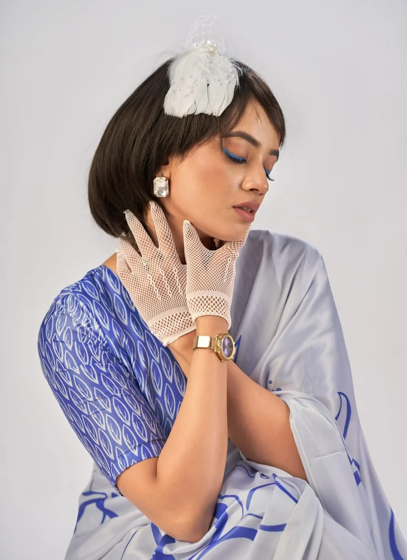 Detail view Blue Printed Satin Silk 0011 for women