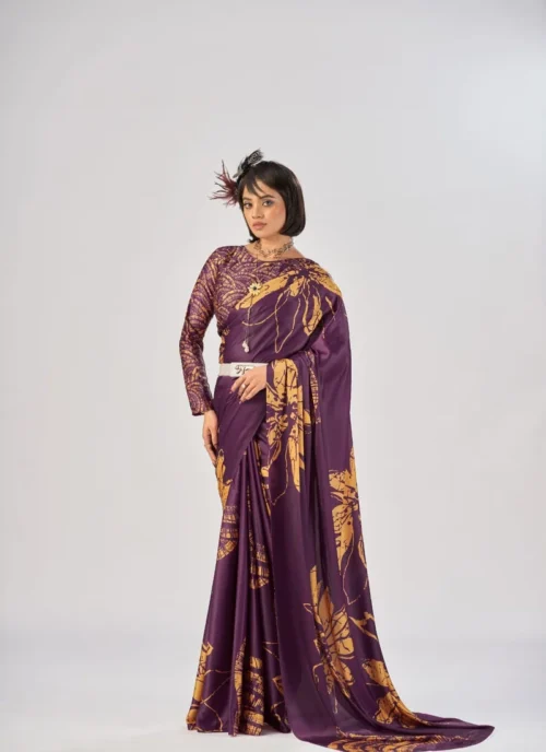Front view Purple Printed Satin Silk 0012 for women