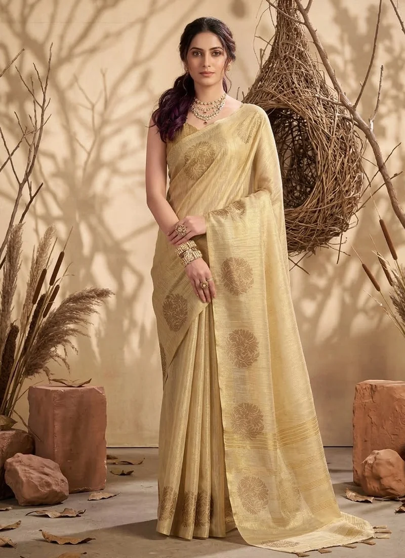 Front view Beige Jacquard Printed Tissue Silk 0014 for women