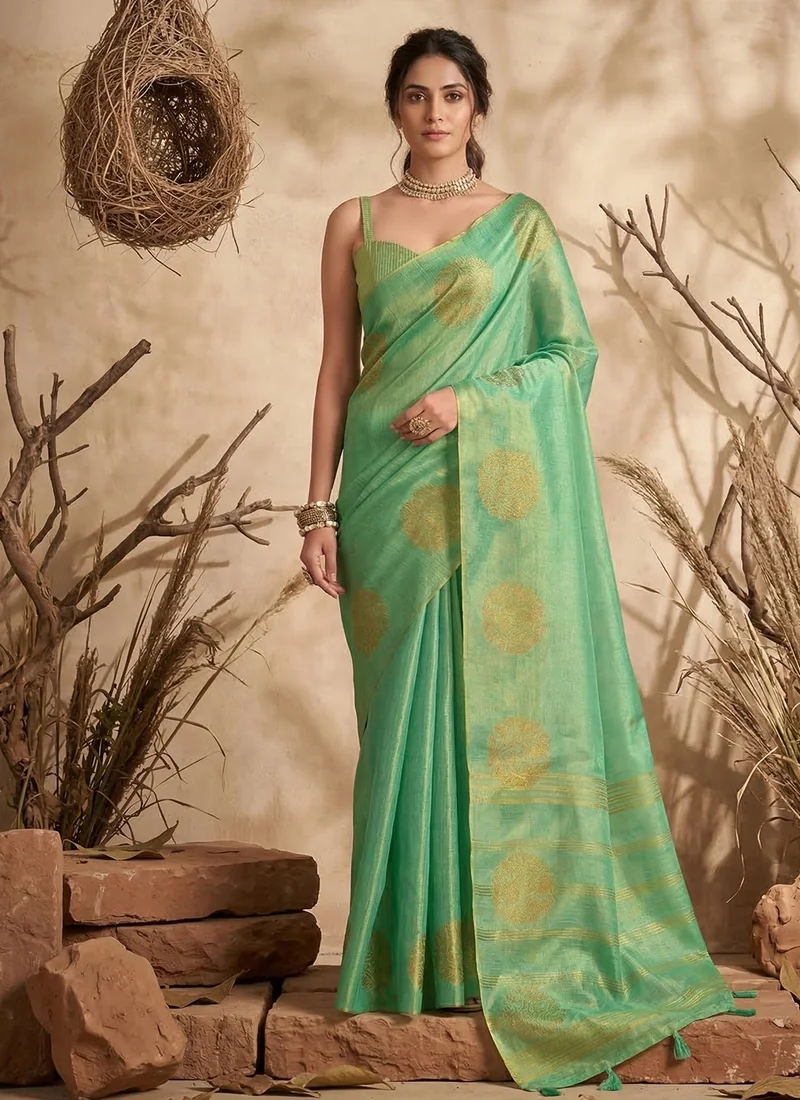 Front view Green Jacquard Printed Tissue Silk 0018 for women