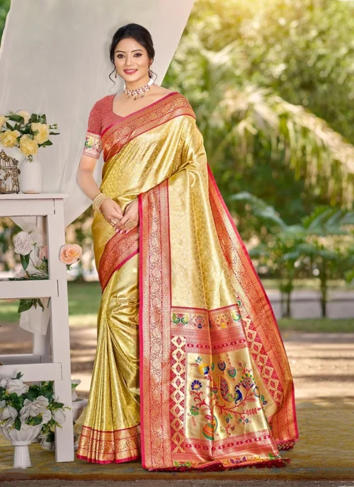 Front view Yellow Jacquard Printed kanjivaram silk 0019 for women