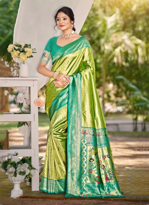 Front view Green Jacquard Printed kanjivaram silk 0020 for women