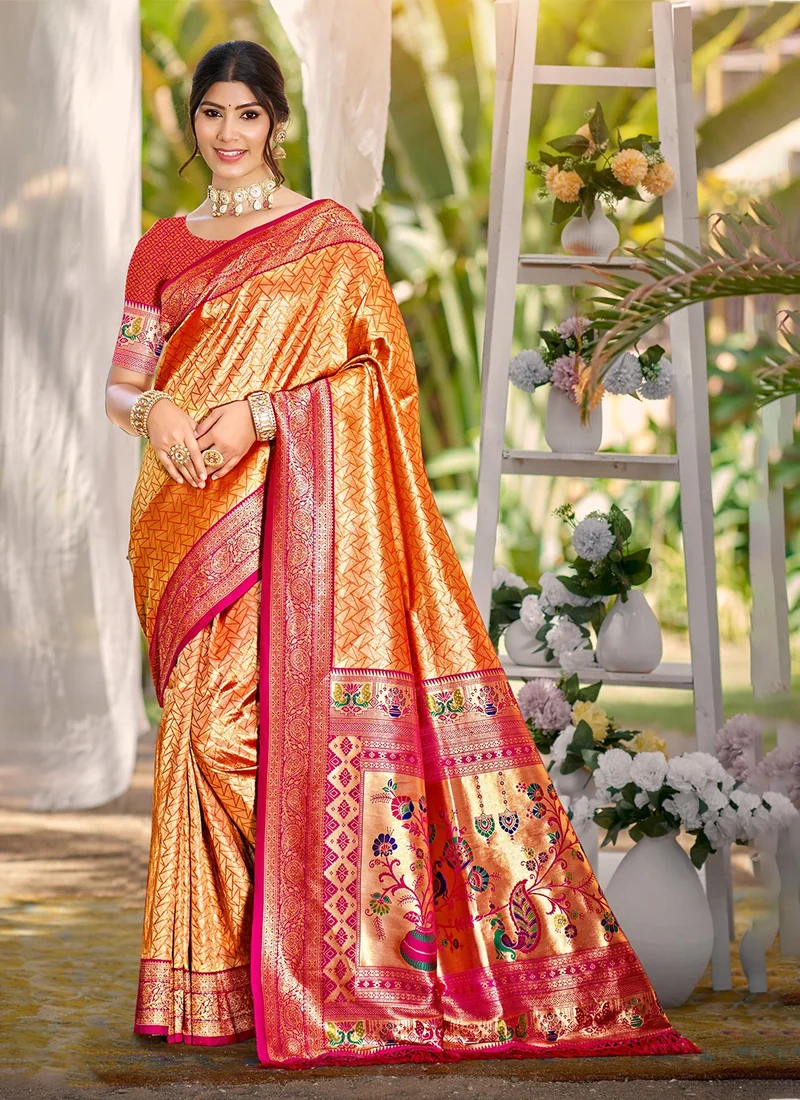 Front view Orange Jacquard Printed kanjivaram silk 0021 for women