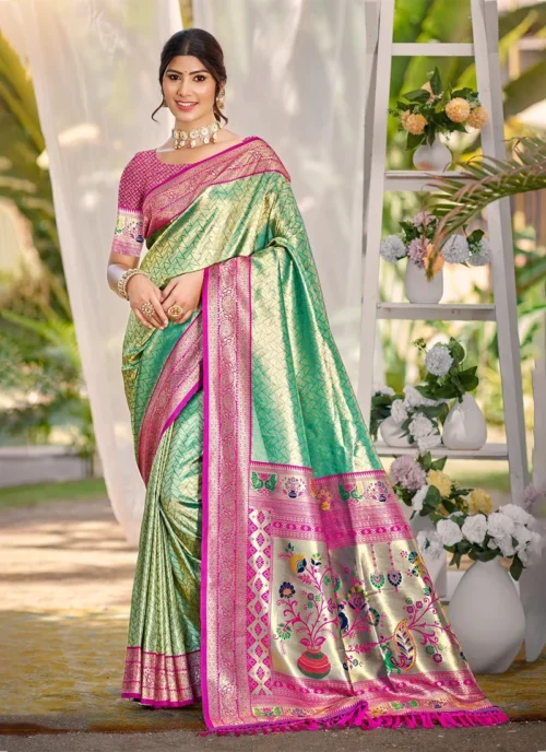 Front view Green Jacquard Printed kanjivaram silk 0022 for women