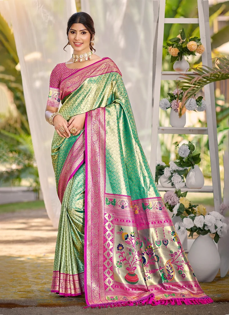 Front view Green Jacquard Printed kanjivaram silk 0022 for women