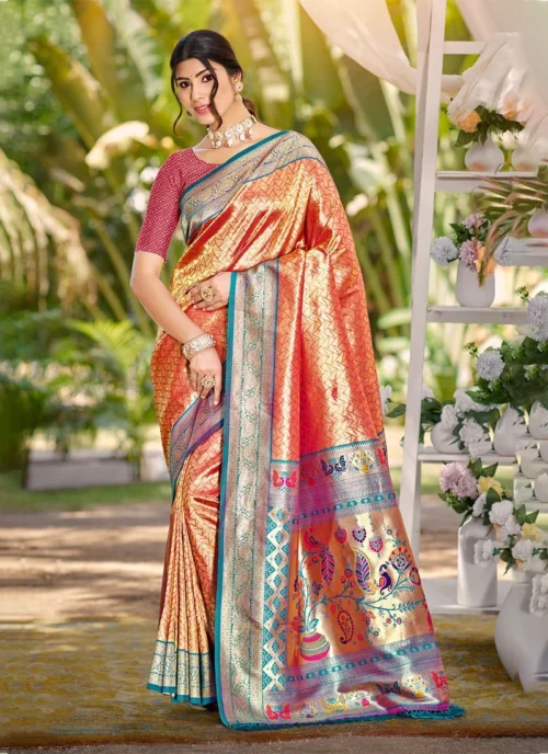 Front view Peach Jacquard Printed kanjivaram silk 0023 for women