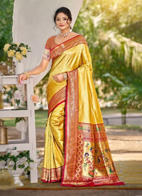 Front view Yellow Jacquard Printed kanjivaram silk 0024 for women
