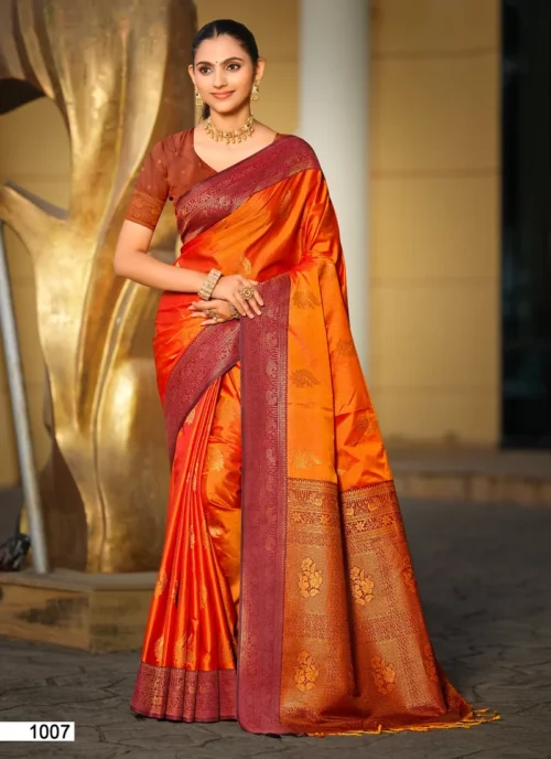 Front view Orange Jacquard Printed Soft Silk 0031 for women