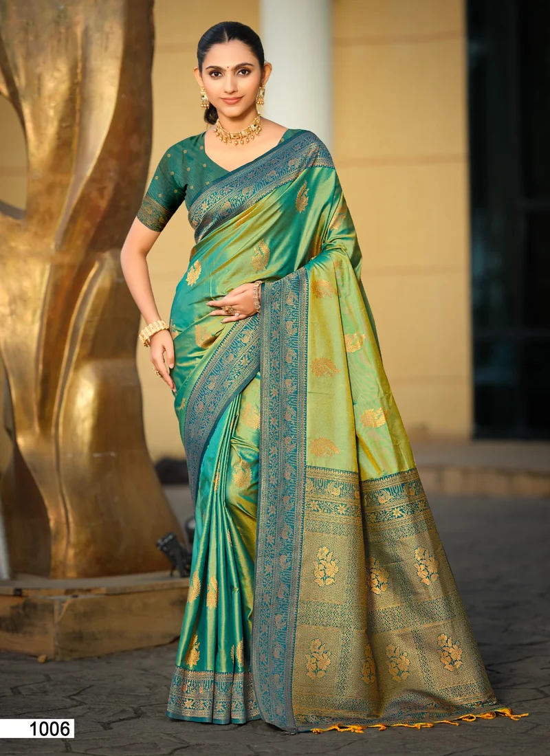 Front view Green Jacquard Printed Soft Silk 0032 for women