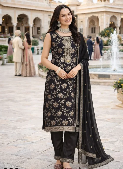 Front view Black Viscoss Jacquard Embroidered Salwar Kameez | HL58392146 for women
