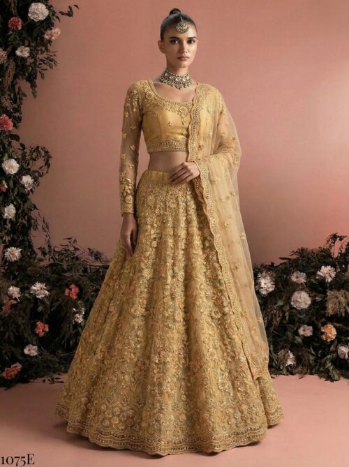 Golden Butterfly Net Lehenga Choli with Banglori Silk Inner for Wedding Wear