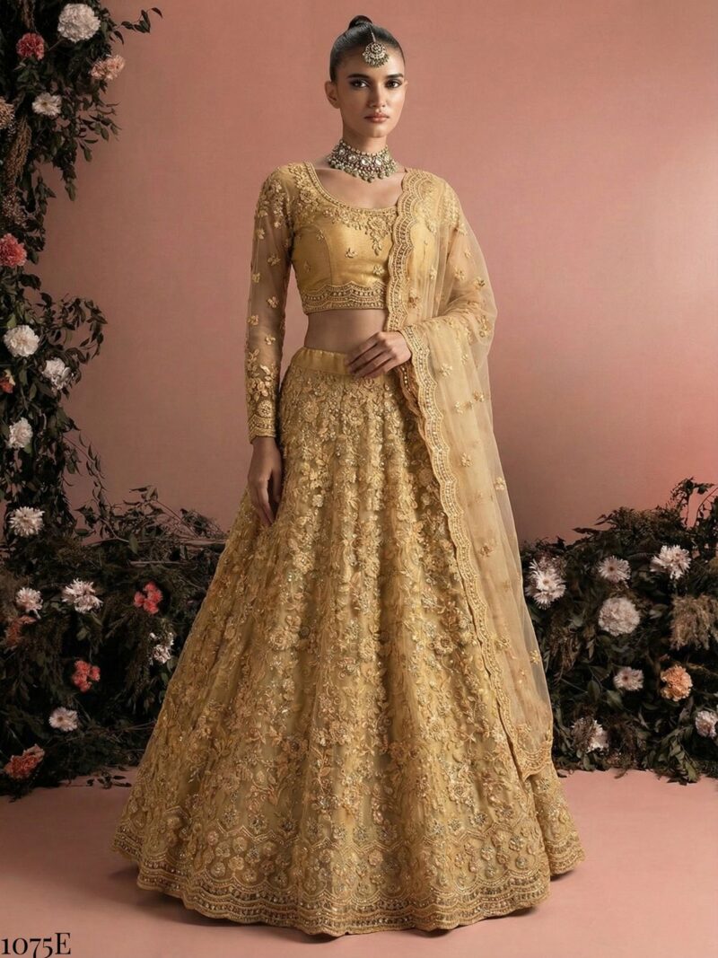 Golden Butterfly Net Lehenga Choli with Banglori Silk Inner for Wedding Wear