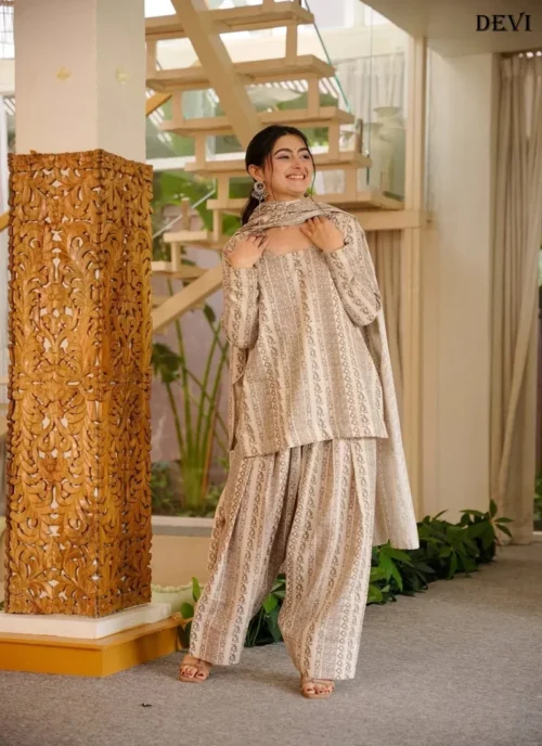 Beige Cotton Silk Heavy Digital Print Designer Salwar Kameez - HLM0001
