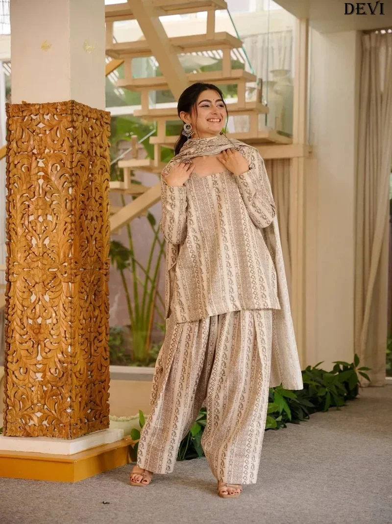 Beige Cotton Silk Heavy Digital Print Designer Salwar Kameez - HLM0001