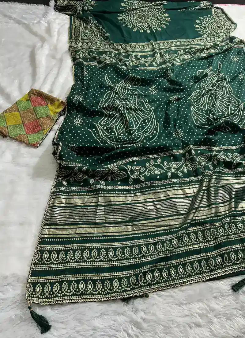 Green HEAVY DULL MOSS Bandhani Print With With Mill Foil & Fancy Border Saree - HLS0001 - Image 2