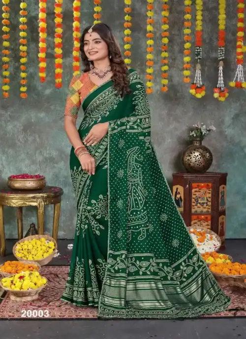 Green HEAVY DULL MOSS Bandhani Print With With Mill Foil & Fancy Border Saree - HLS0001