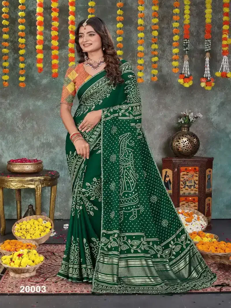 Green Heavy Dull Moss Bandhani Print With With Mill Foil & Fancy Border Designer Saree - HLS0001