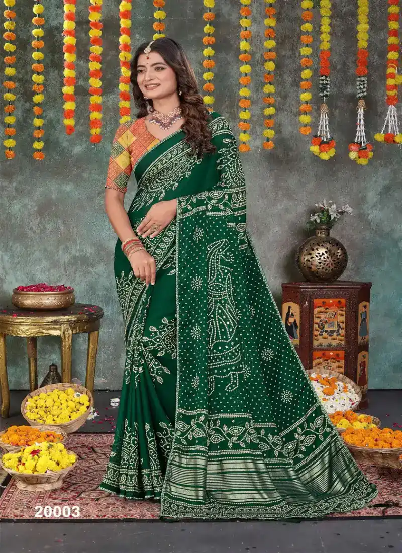 Green HEAVY DULL MOSS Bandhani Print With With Mill Foil & Fancy Border Saree - HLS0001
