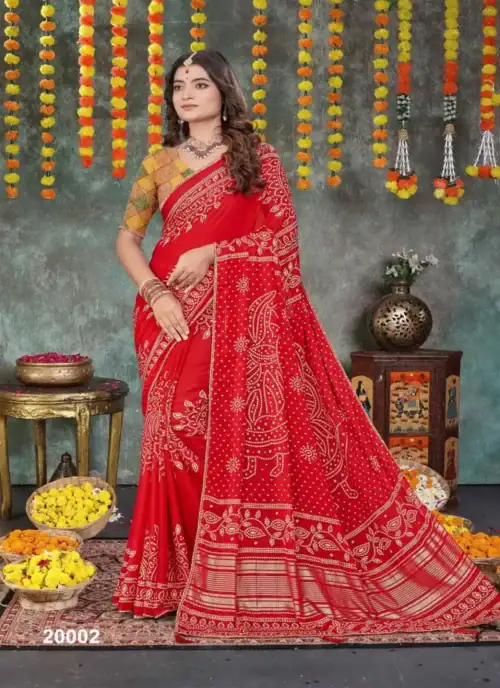 Red HEAVY DULL MOSS Bandhani Print With With Mill Foil & Fancy Border Saree - HLS0002