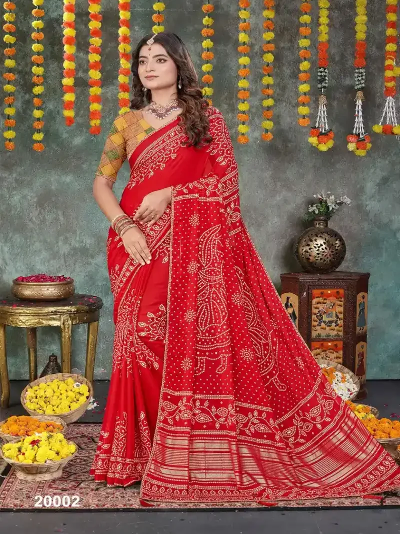 Red Heavy Dull Moss Bandhani Print With With Mill Foil & Fancy Border Designer Saree - HLS0002