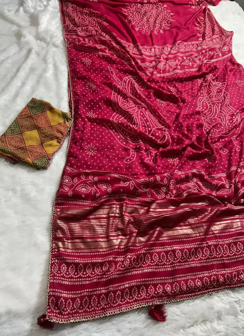 Pink HEAVY DULL MOSS Bandhani Print With With Mill Foil & Fancy Border Saree - HLS0003 - Image 2