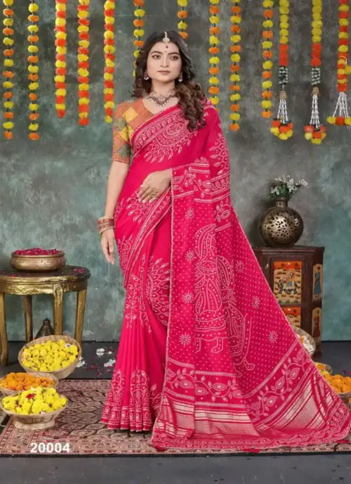 Pink HEAVY DULL MOSS Bandhani Print With With Mill Foil & Fancy Border Saree - HLS0003