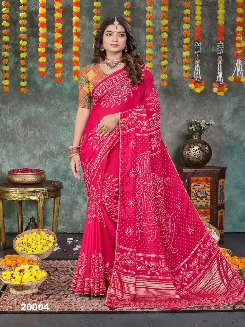 Pink Heavy Dull Moss Bandhani Print With With Mill Foil & Fancy Border Designer Saree - HLS0003
