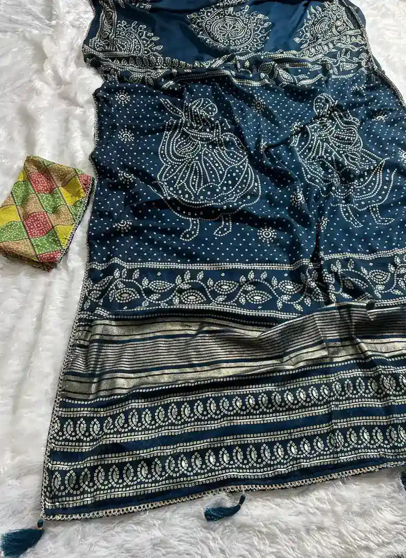 Sea Green HEAVY DULL MOSS Bandhani Print With With Mill Foil & Fancy Border Saree - HLS0004 - Image 2