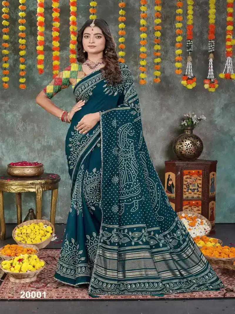 Sea Green Heavy Dull Moss Bandhani Print With With Mill Foil & Fancy Border Designer Saree - HLS0004