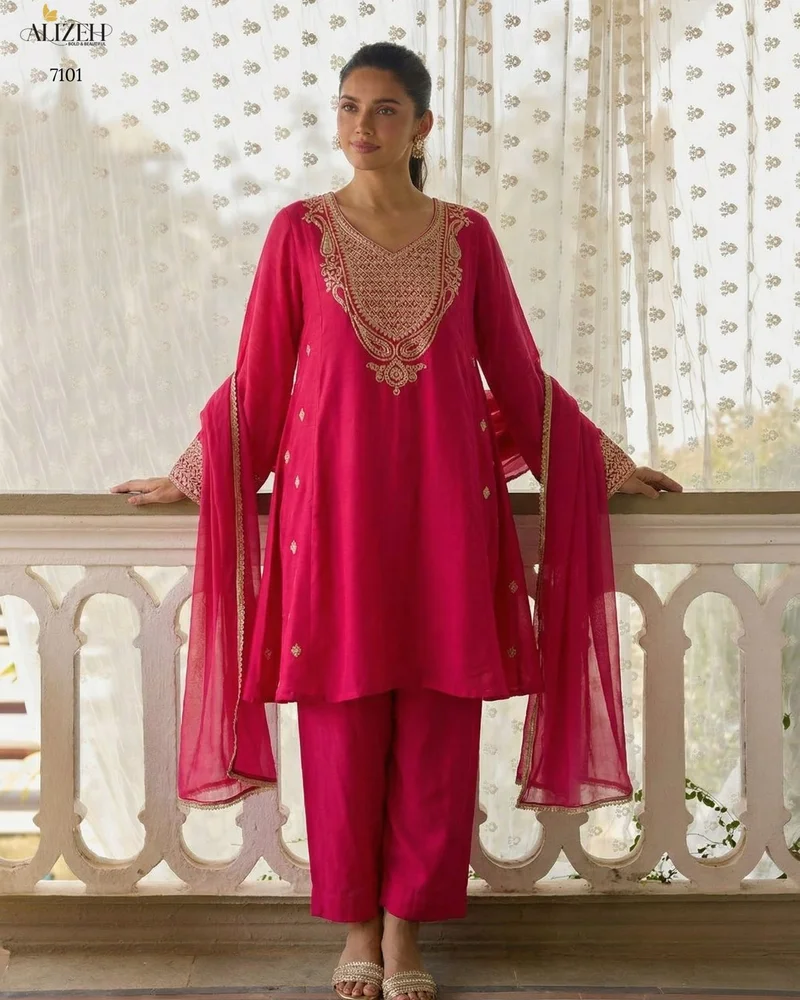 Pink Cotton Silk Embroidered Designer Salwar Kameez - HLM0002
