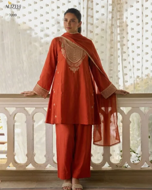 Orange Cotton Silk Embroidered Designer Salwar Kameez - HLM0003