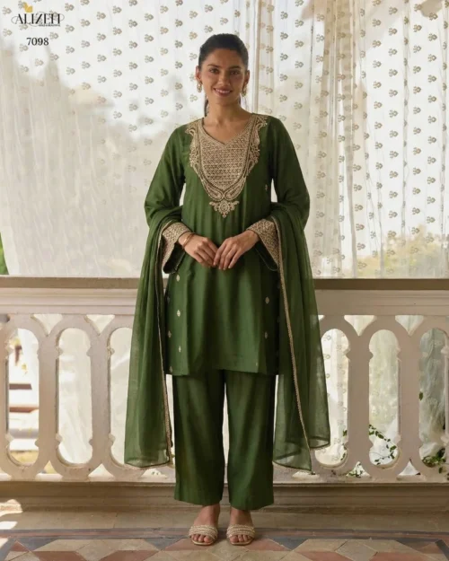 Green Cotton Silk Embroidered Designer Salwar Kameez - HLM0004