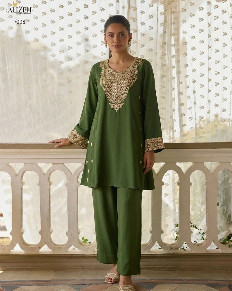 Green Cotton Silk Embroidered Designer Salwar Kameez - HLM0004 - Image 2