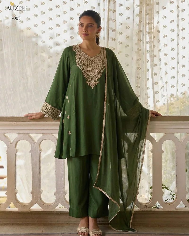 Green Cotton Silk Embroidered Designer Salwar Kameez - HLM0004 - Image 3