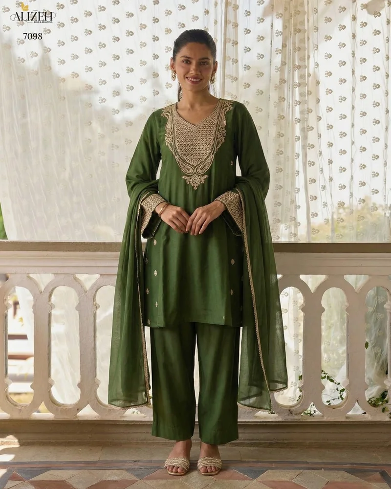 Green Cotton Silk Embroidered Designer Salwar Kameez - HLM0004