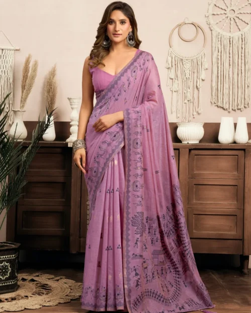 pink modal printed saree for women