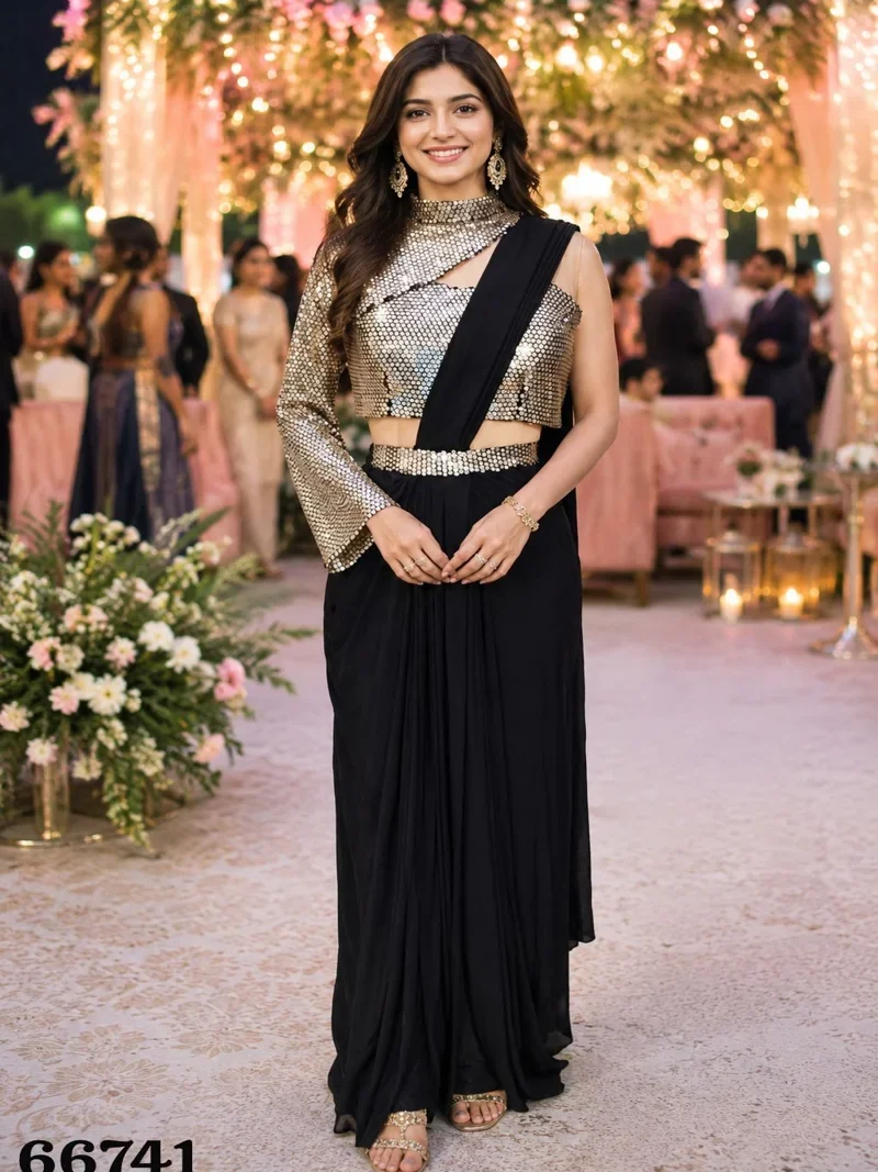 Black Premium Lycra Cap Full Cap Work Designer Saree (HLS0001)