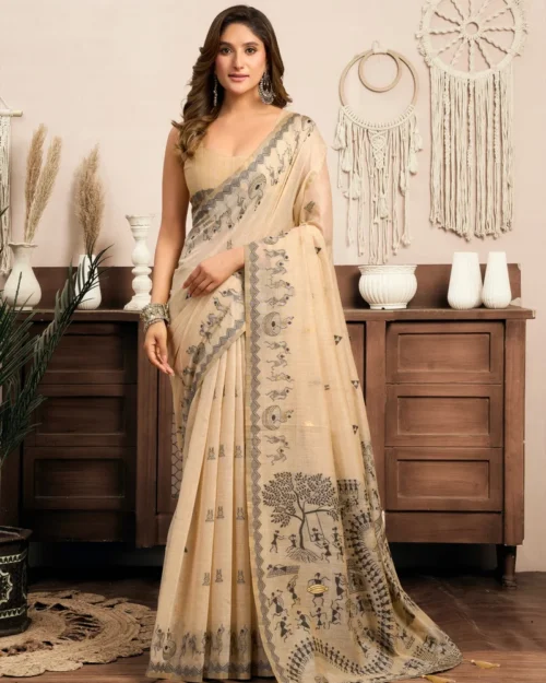 Cream Modal Printed Saree